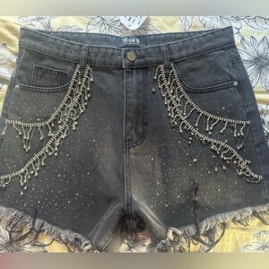 Blue B Collection - Black Distressed Demin Rhinestone Fringed Shorts